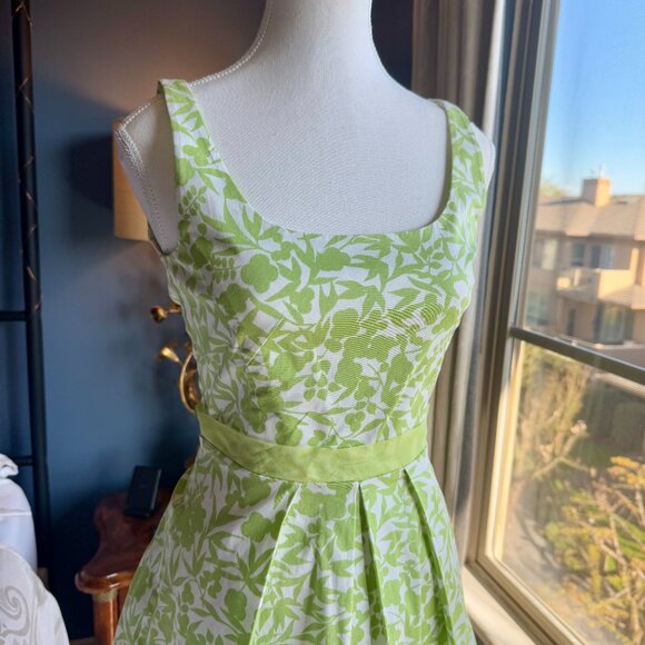 Lime Green and Off White Floral Tea Dress Vintage - Picture 3 of 12